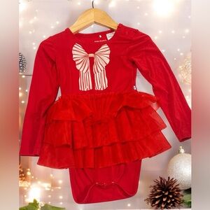 Posh Peanut Candy Cane Bow Long Sleeve Graphic Tulle Dress bodysuit